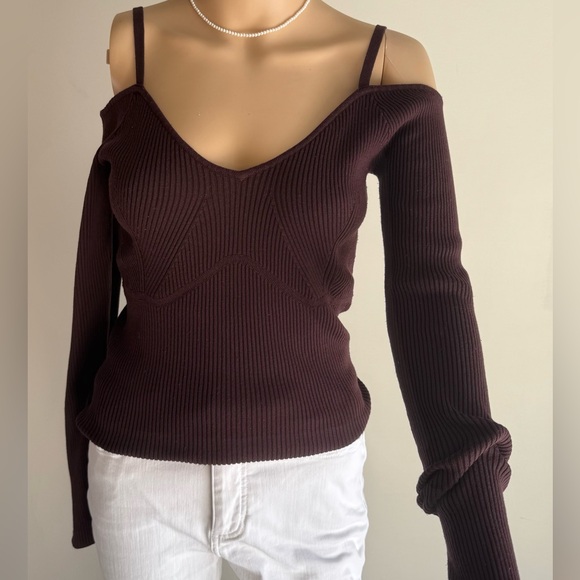 ASOS Chocolate Off-Shoulder Ribbed Sweater - Picture 1 of 9